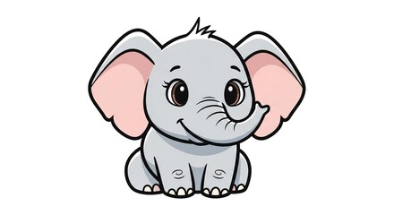 Naklejka premium An adorable gray baby elephant with large pink ears sits and smiles in this charming cartoon illustration.