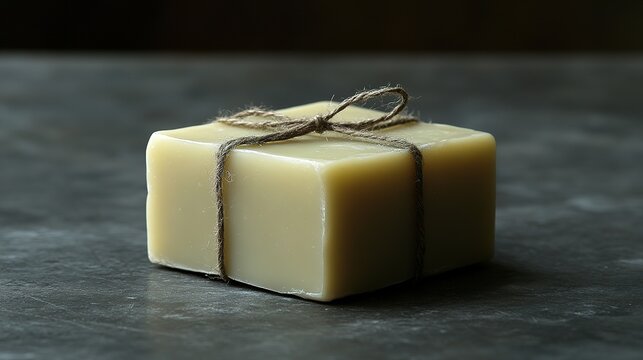 A bar of soap tied with string sits on a dark surface.