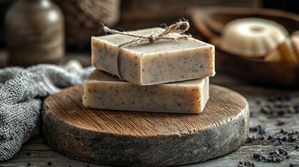 Two bars of soap stacked on a wooden surface with rustic background.