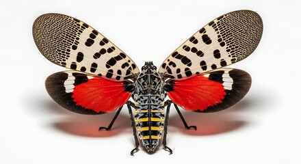 Distinctive Spotted Lanternfly with Red Winged Undersides Displayed Clearly