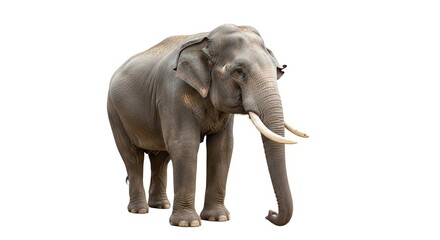 A full-length portrait of a large male Asian elephant with white tusks standing against a plain white background.