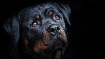 Obraz premium Rottweiler portrait with expressive brown eyes against a dark background