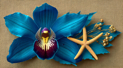 Blue orchid and starfish on textured background