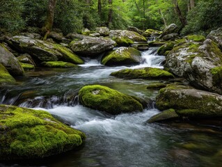 Obraz premium Serene Moss-Covered Rocks and Stream in Lush Forest