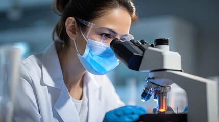 Focused female scientist in a lab coat examining samples under a microscope.