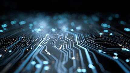 Abstract circuit board pattern with glowing blue lines and lights.