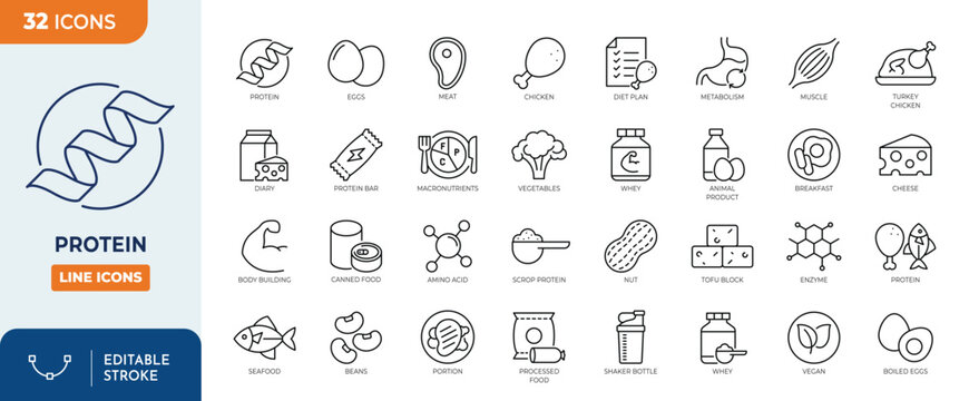 Protein line editable icon set. Editable stroke. Vector illustration