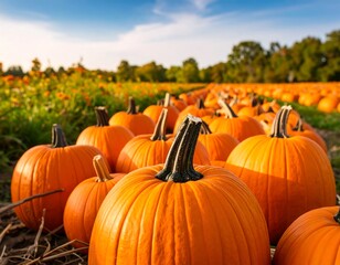 Autumn abundance: A vibrant pumpkin patch landscape under a blue sky offering a harvest of orange