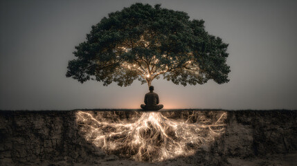 Silhouette of a person meditating beneath a large tree with exposed roots.