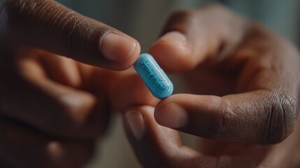 Close-up of a person holding a blue capsule with both hands, focused on details.