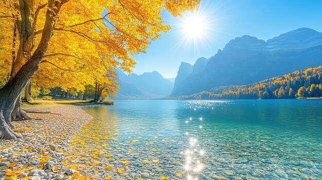 Lake surrounded by autumn trees and mountains under a bright sunny sky.