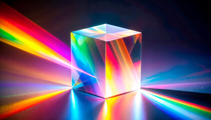 A prism with a ray of light passing through one side and the light breaking down into the colors of the rainbow.	
