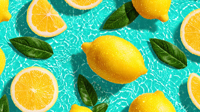 Lemons and lemon slices with leaves on a teal background.