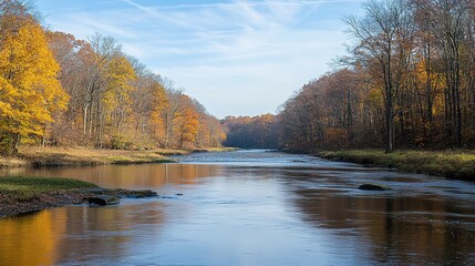 Fototapeta premium River flows through a forest with autumn foliage under a blue sky.
