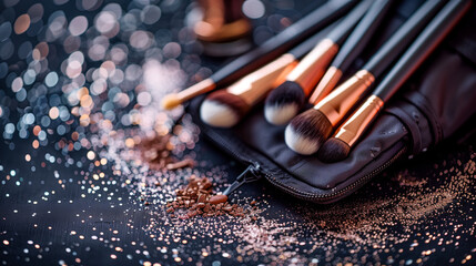 Open Makeup Bag with Brushes on a Sparkling Black Glitter Backdrop