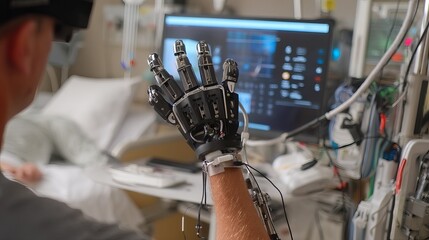 Male patient showcasing an advanced prosthetic hand in a hospital setting.