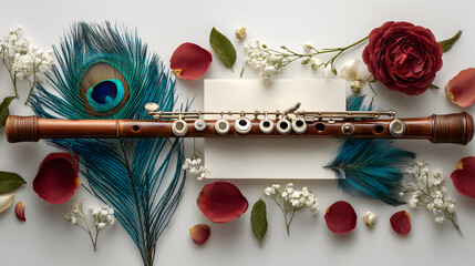 A brown bansuri flute surrounded by peacock feathers, roses, and white flowers on a white background.