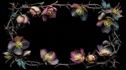 A dark, rectangular frame crafted from thorny branches surrounds colorful flowers, set against a stark black background