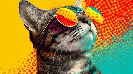Retro Pop Art Cat in Colorful Sunglasses on Vibrant Background