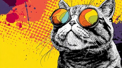 Colorful Pop Art Cat in Funky Sunglasses against Vibrant Background