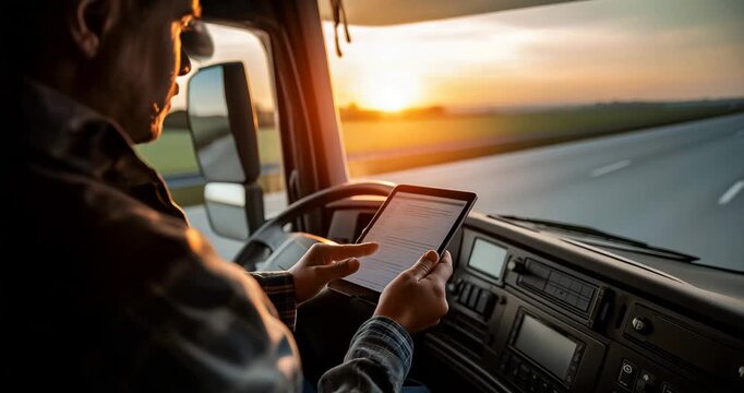 Freight Driver Confirms Bill on Dashboard Tablet 