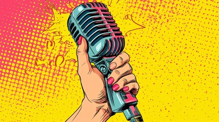 Retro Pop Art Hand Holding Microphone on Bright Comic Background - Vintage Style Entertainment Concept