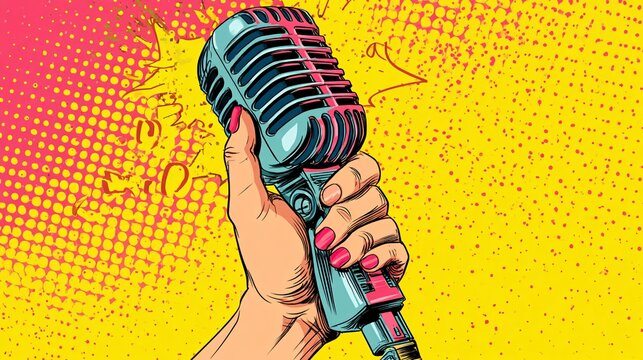 Retro Pop Art Hand Holding Microphone on Bright Comic Background - Vintage Style Entertainment Concept