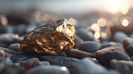 A golden rock rests among smooth pebbles, shimmering in soft light, creating a tranquil and captivating natural scene.