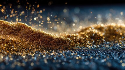 A close-up of shimmering particles resembling golden sand, creating a mesmerizing and sparkling visual effect against a dark background.