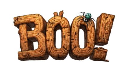 Wooden log-text “Boo!” with a cartoon spider, playful spooky vibe, great for Halloween invitations, posters, crafts, or themed decorations.