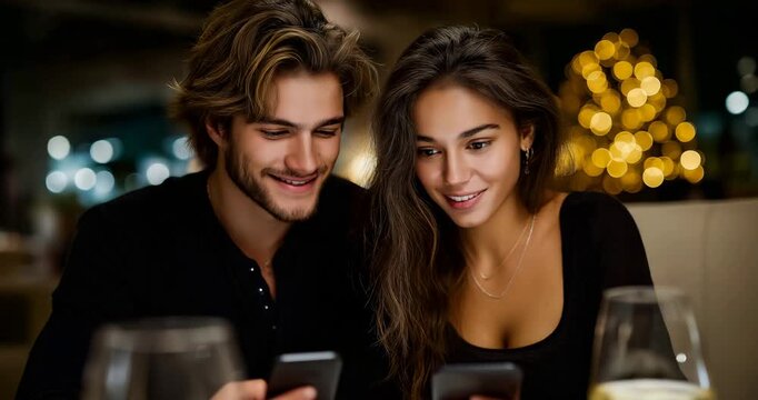 Couple Splits Bill on Smartphones in Restaurant 