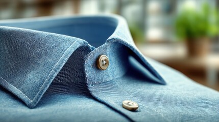 A close-up view of a stylish blue shirt collar with a button, showcasing its texture and tailoring details in a well-lit environment.