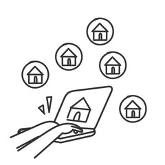 person looking for house and selecting from laptop in doodle hand drawn cartoon