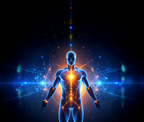  A stylized representation of a human figure with glowing energy pathways resembling neural networks and chakras. Bright particles and lines emanate, suggesting consciousness, health, and interconnect