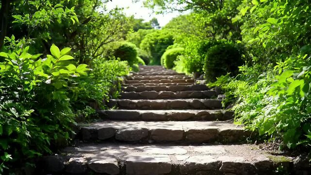 Sunlit Stone Staircase Ascending Through Lush Green Garden in Gentle Low Angle View Evoking Tranquility Travel Wellness and outdoor themed content with Manicured Bushes and Verdant Environment in