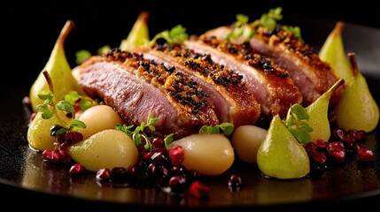 Sliced roasted duck breast with crispy crust, served with pears, white bulbs, pomegranate, and herbs