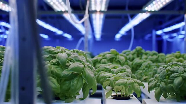 Thriving Hydroponic Basil Cultivation Under Blue LED Grow Lights at Eye Level. Focus on Vibrant Green Plants on a White Surface Showcasing Sustainable and Innovative Indoor Farming Techniques for