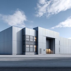 Fototapeta premium A modern industrial building with a large loading door, metal cladding, and clean geometric lines under a clear sky.