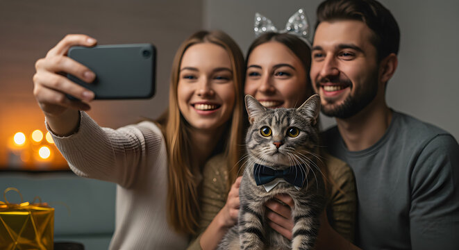 Happy Friends Taking a Selfie with Their Cat at Home - Powered by Adobe