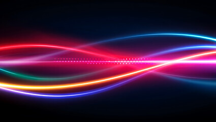 Abstract flowing neon light trails in vibrant red blue and yellow against a dark background creating a dynamic energy wave pattern