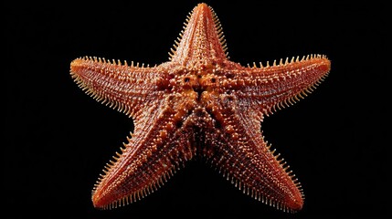 Textured orange starfish with five arms, symmetrical, on black background, center view