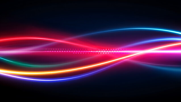 Abstract flowing neon light trails in vibrant red blue and yellow against a dark background creating a dynamic energy wave pattern - Powered by Adobe