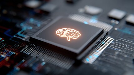 Close-up of a futuristic microchip with a glowing brain symbol, signifying AI technology.