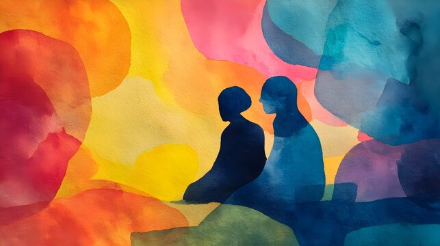 Colorful Rainbow Watercolor Painting of Two People, Generative AI