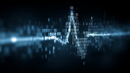 Abstract digital sound wave with binary code in blue tones.