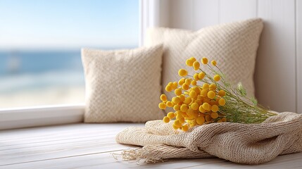 A bunch of yellow flowers placed on a white wooden window sill, with soft pillows and a blurred beach view in the background.