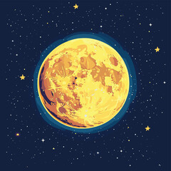 Fototapeta premium Full yellow moon in night starry sky. Vector cartoon flat illustration