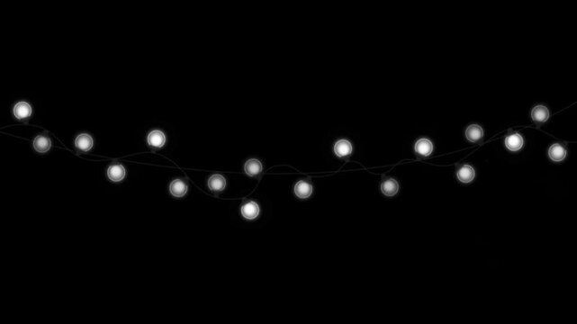 Realistic white Christmas string light bulbs on black background.