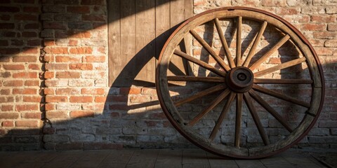Obraz premium Rustic wooden wagon wheel leaning against an old brick wall in warm afternoon light
