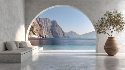 Fototapeta premium Interior view of a room with an arched window overlooking a sea and mountains.